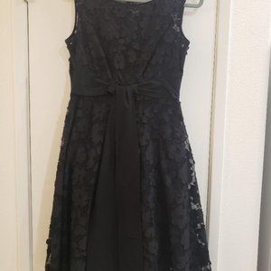 Adrianna Papell A-line Sleeveless Black Mesh Floral Dress W/ Tie Waist- Size 12